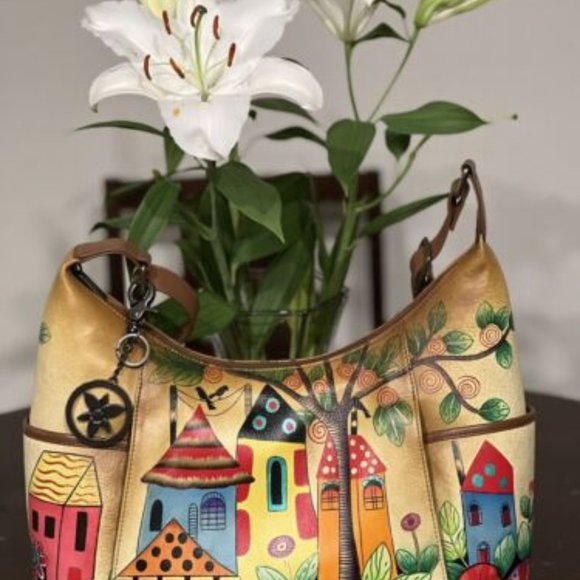 🌺Anuschka Hand-Painted Leather Large Hobo - Village Of Dreams - Picture 1 of 13